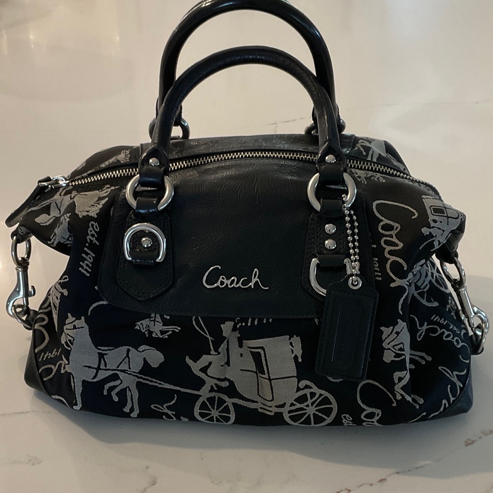 Vintage Coach Black Satchel with Gray Carriage Print